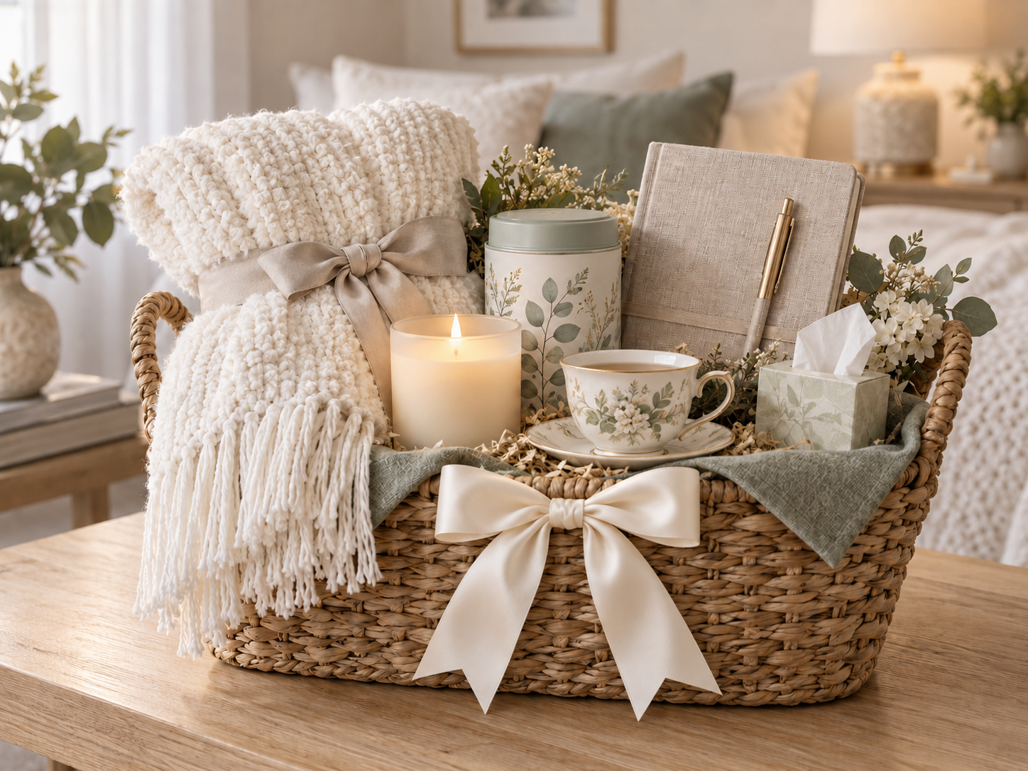 Elegant sympathy basket with ivory satin bow, vintage porcelain teacup and comforting essentials