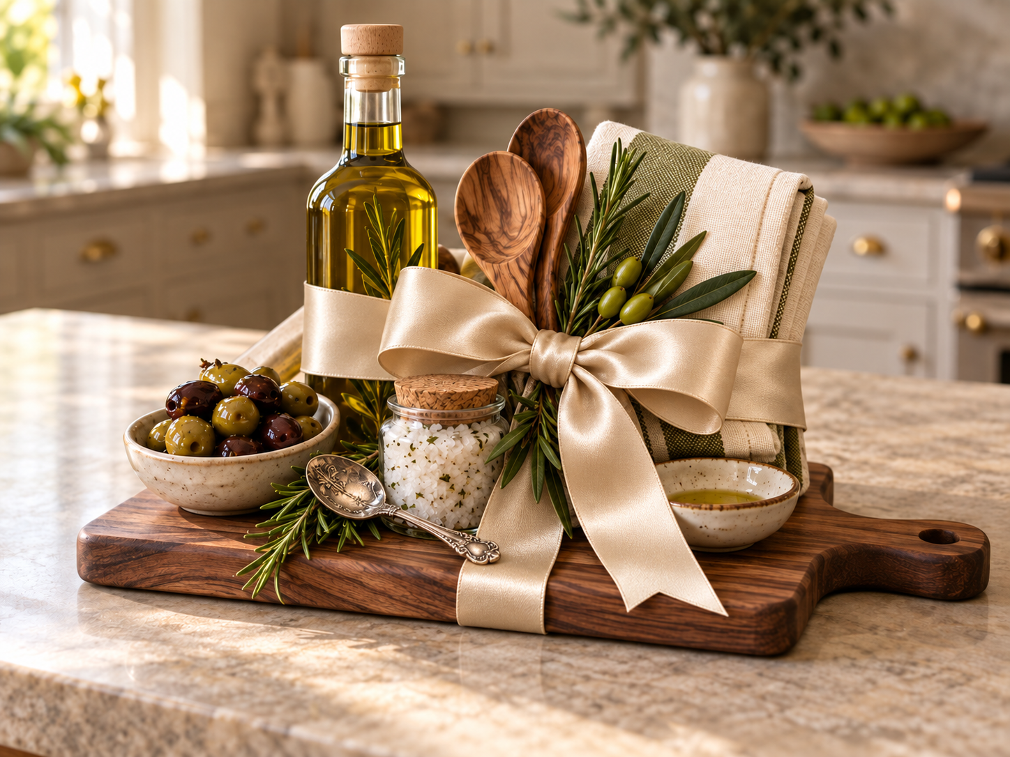 Elegant hostess gift with champagne satin bow, vintage silver spoon and gourmet kitchen pieces