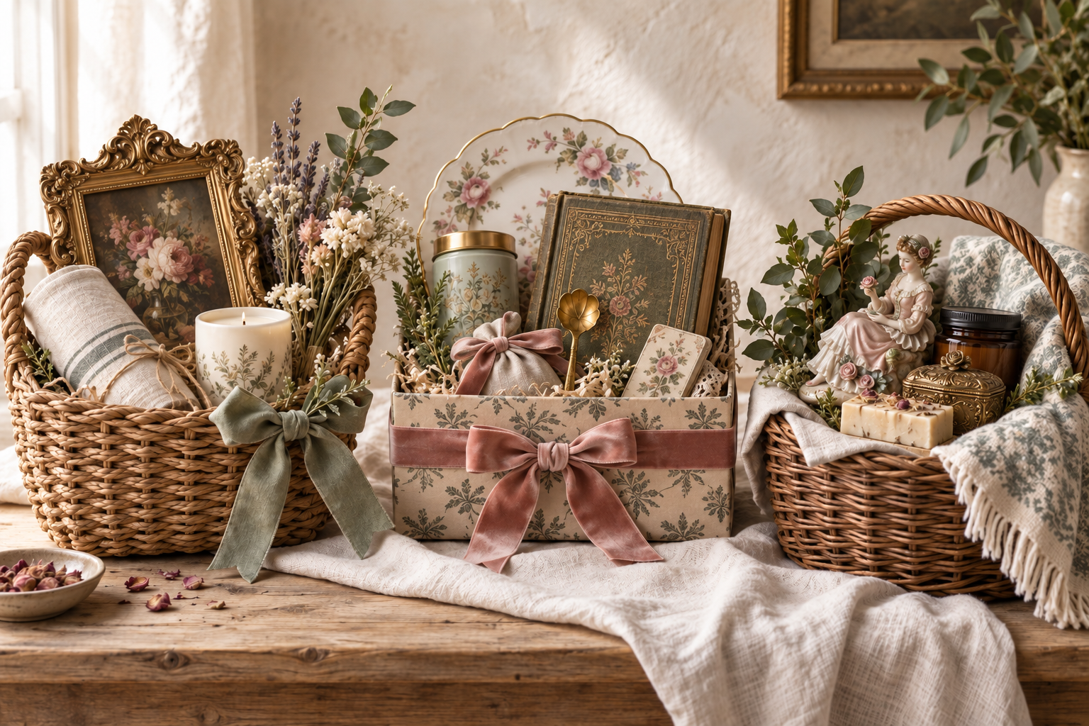 Three elegant vintage gift baskets featuring Victorian floral artwork, an antique cookbook, floral china, a porcelain figurine and an ornate trinket box