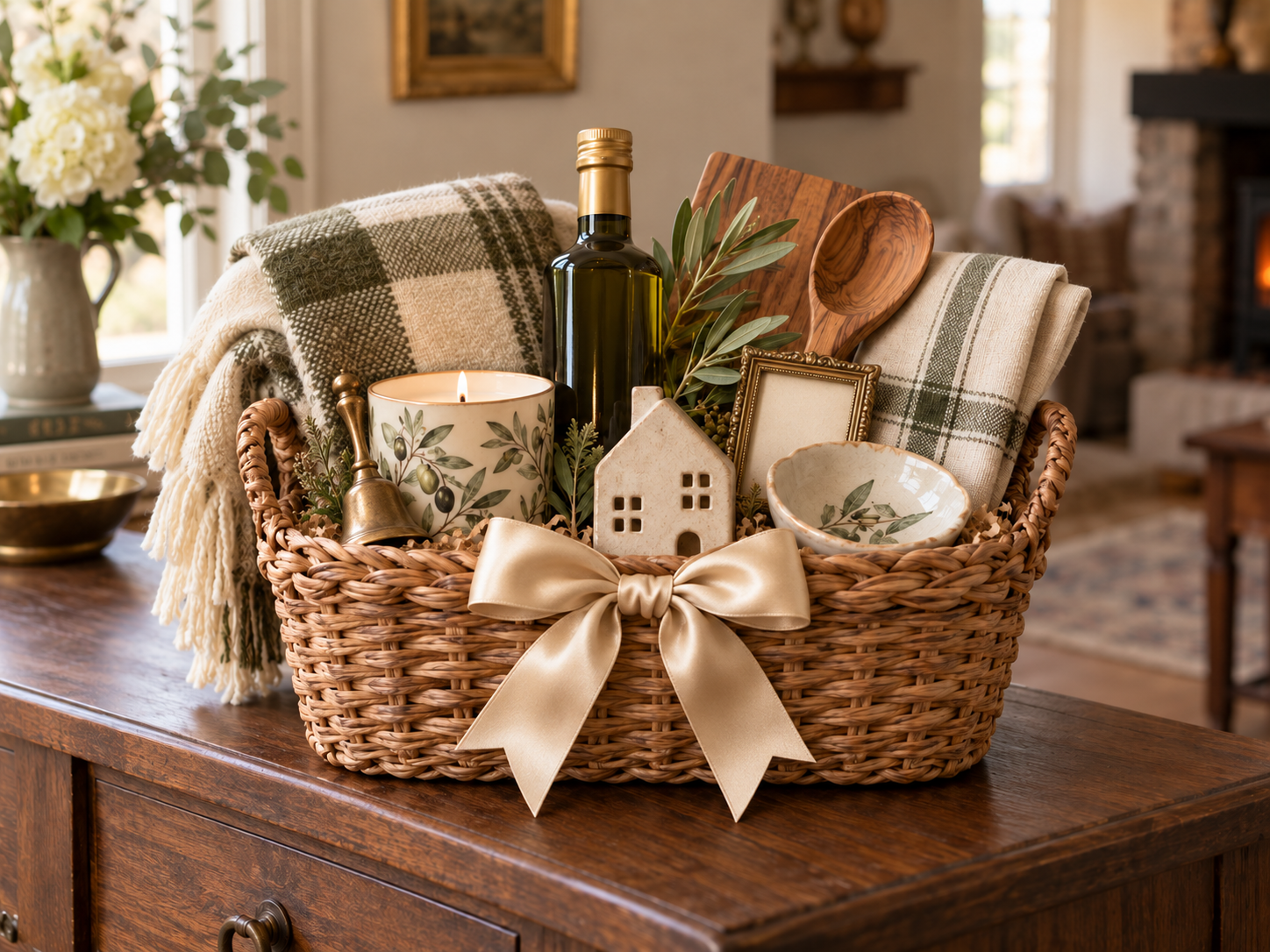 Elegant housewarming basket with champagne satin bow, vintage brass accents and curated home pieces